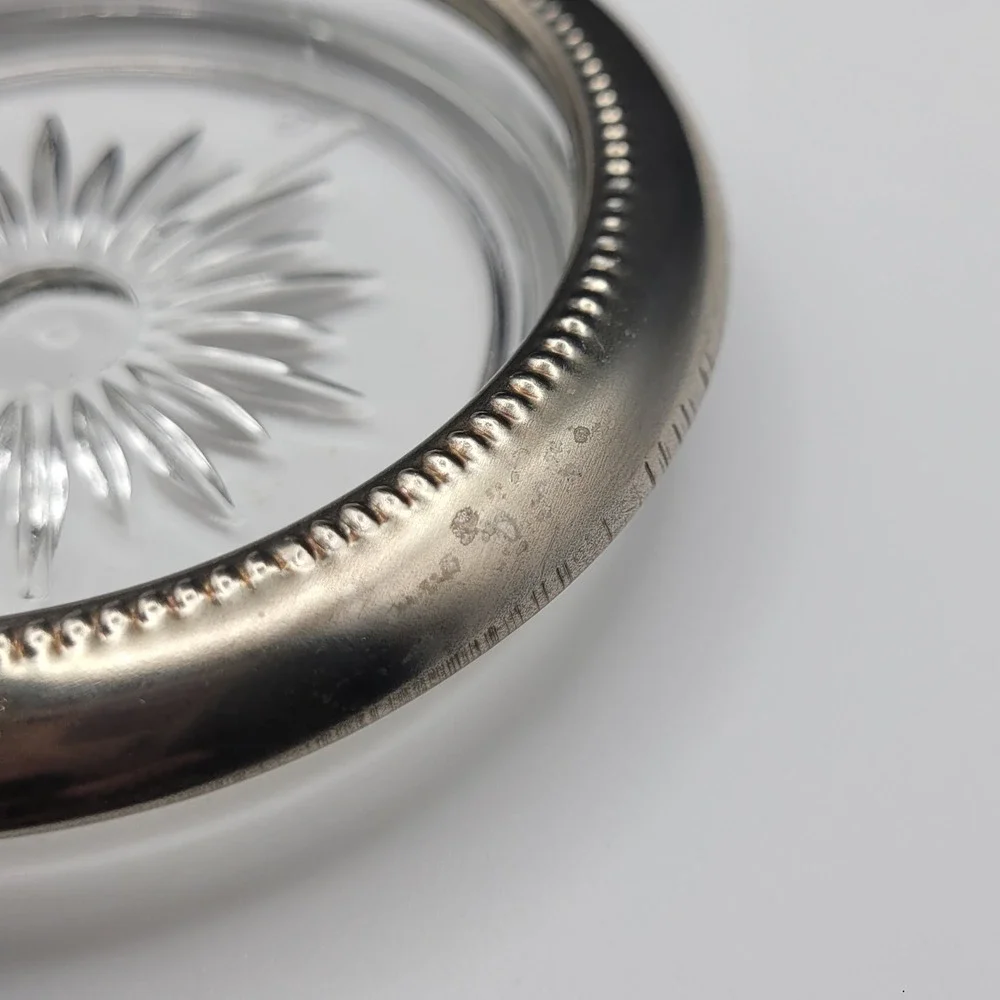Leonard Silverplate Glass Coasters Set of 3 Made in Italy Sunburst Beaded Rim